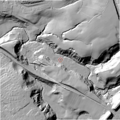 Shaded relief map of the ground around CW122HY, computed from Environment Agency LiDAR. The ground here sits at about 98 m above sea level and falls 45 m across the surrounding 800 m. Surface water reaching this point runs off ground lying to the south-south-east, 21.7 m higher.