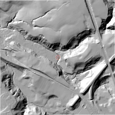 Shaded relief map of the ground around CW122HZ, computed from Environment Agency LiDAR. The ground here sits at about 99 m above sea level and falls 44 m across the surrounding 800 m. Surface water reaching this point runs off ground lying to the east, 33.5 m higher.