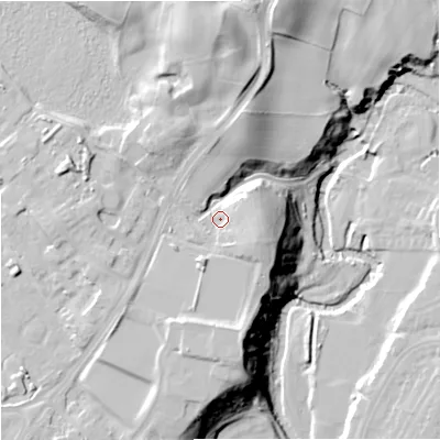 Shaded relief map of the ground around CW122NB, computed from Environment Agency LiDAR. The ground here sits at about 110 m above sea level and falls 36 m across the surrounding 800 m. Surface water reaching this point runs off ground lying to the south-east, 6.8 m higher.