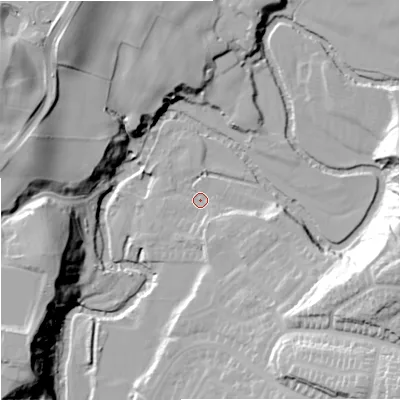 Shaded relief map of the ground around CW122NF, computed from Environment Agency LiDAR. The ground here sits at about 88 m above sea level and falls 39 m across the surrounding 800 m. Surface water reaching this point runs off ground lying to the east-south-east, 7.0 m higher.