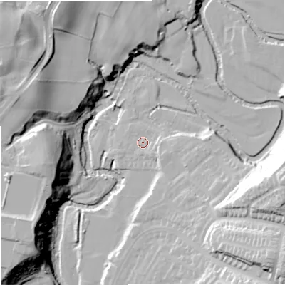 Shaded relief map of the ground around CW122NZ, computed from Environment Agency LiDAR. The ground here sits at about 89 m above sea level and falls 37 m across the surrounding 800 m. Surface water reaching this point runs off ground lying to the east-south-east, 3.5 m higher.