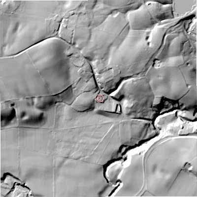 Shaded relief map of the ground around CW122PE, computed from Environment Agency LiDAR. The ground here sits at about 119 m above sea level and falls 46 m across the surrounding 800 m. Surface water reaching this point runs off ground lying to the north-north-west, 8.5 m higher.