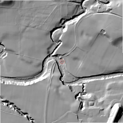 Shaded relief map of the ground around CW122PL, computed from Environment Agency LiDAR. The ground here sits at about 100 m above sea level and falls 37 m across the surrounding 800 m. Surface water reaching this point runs off ground lying to the south-east, 34.9 m higher.