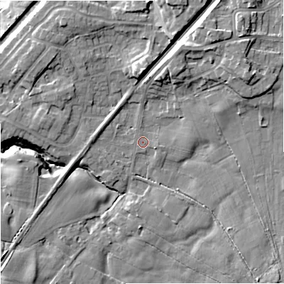 Shaded relief map of the ground around CW123BN, computed from Environment Agency LiDAR. The ground here sits at about 127 m above sea level and falls 14 m across the surrounding 800 m. Surface water reaching this point runs off ground lying to the south-west, 1.0 m higher.