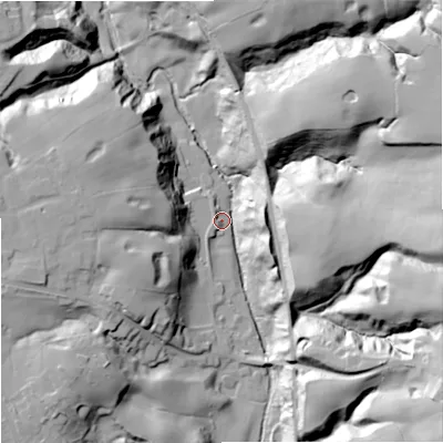Shaded relief map of the ground around CW123LN, computed from Environment Agency LiDAR. The ground here sits at about 107 m above sea level and falls 52 m across the surrounding 800 m. Surface water reaching this point runs off ground lying to the east-south-east, 46.5 m higher.