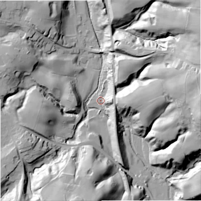 Shaded relief map of the ground around CW123LP, computed from Environment Agency LiDAR. The ground here sits at about 111 m above sea level and falls 58 m across the surrounding 800 m. Surface water reaching this point runs off ground lying to the south-south-west, 40.3 m higher.