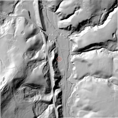 Shaded relief map of the ground around CW123NE, computed from Environment Agency LiDAR. The ground here sits at about 115 m above sea level and falls 94 m across the surrounding 800 m. Surface water reaching this point runs off ground lying to the south-south-west, 25.6 m higher.