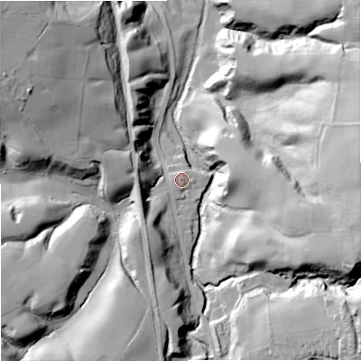 Shaded relief map of the ground around CW123SB, computed from Environment Agency LiDAR. The ground here sits at about 128 m above sea level and falls 48 m across the surrounding 800 m. Surface water reaching this point runs off ground lying to the south-south-west, 2.4 m higher.