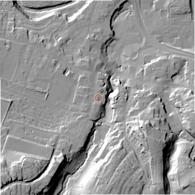 Shaded relief map of the ground around CW124BA, computed from Environment Agency LiDAR. The ground here sits at about 95 m above sea level and falls 47 m across the surrounding 800 m. Surface water reaching this point runs off ground lying to the south-south-west, 9.2 m higher.