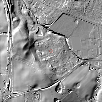 Shaded relief map of the ground around CW124BF, computed from Environment Agency LiDAR. The ground here sits at about 90 m above sea level and falls 24 m across the surrounding 800 m. Surface water reaching this point runs off ground lying to the south-south-west, 16.1 m higher.