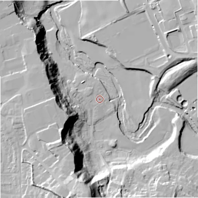 Shaded relief map of the ground around CW124DR, computed from Environment Agency LiDAR. The ground here sits at about 74 m above sea level and falls 46 m across the surrounding 800 m. Surface water reaching this point runs off ground lying to the west-north-west, 1.6 m higher.