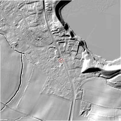Shaded relief map of the ground around CW124HR, computed from Environment Agency LiDAR. The ground here sits at about 95 m above sea level and falls 22 m across the surrounding 800 m. Surface water reaching this point runs off ground lying to the east-south-east, 13.4 m higher.