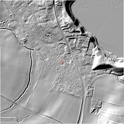 Shaded relief map of the ground around CW124HU, computed from Environment Agency LiDAR. The ground here sits at about 94 m above sea level and falls 17 m across the surrounding 800 m. Surface water reaching this point runs off ground lying to the north-north-east, 13.6 m higher.