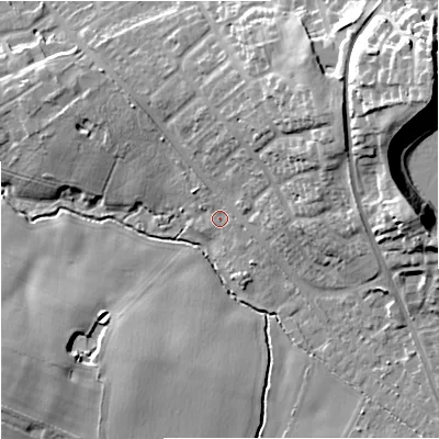 Shaded relief map of the ground around CW124HX, computed from Environment Agency LiDAR. The ground here sits at about 94 m above sea level and falls 26 m across the surrounding 800 m. Surface water reaching this point runs off ground lying to the north-east, 14.1 m higher.