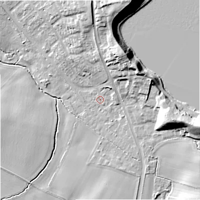 Shaded relief map of the ground around CW124JU, computed from Environment Agency LiDAR. The ground here sits at about 94 m above sea level and falls 25 m across the surrounding 800 m. Surface water reaching this point runs off ground lying to the north-north-east, 13.9 m higher.