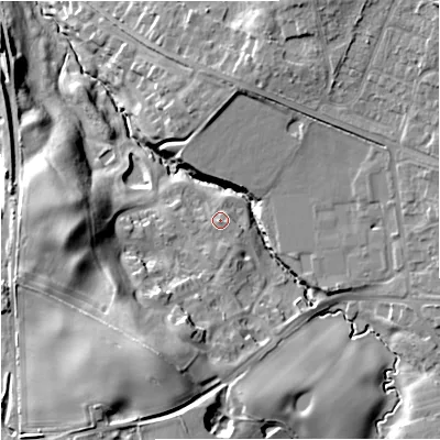 Shaded relief map of the ground around CW124QF, computed from Environment Agency LiDAR. The ground here sits at about 88 m above sea level and falls 24 m across the surrounding 800 m. Surface water reaching this point runs off ground lying to the south-south-west, 2.0 m higher.