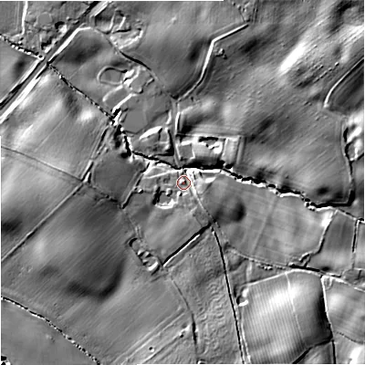 Shaded relief map of the ground around CW124RR, computed from Environment Agency LiDAR. The ground here sits at about 103 m above sea level and falls 16 m across the surrounding 800 m. Surface water reaching this point runs off ground lying to the south-east, 11.9 m higher.