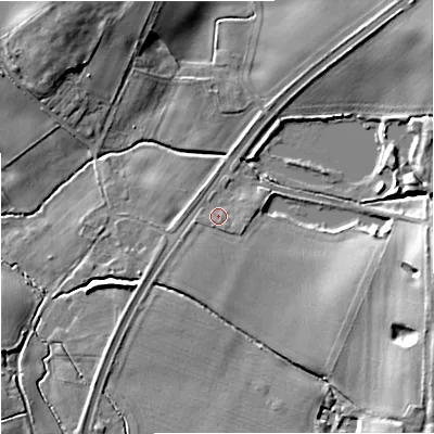 Shaded relief map of the ground around CW124SB, computed from Environment Agency LiDAR. The ground here sits at about 95 m above sea level and falls 15 m across the surrounding 800 m. Surface water reaching this point runs off ground lying to the south-south-east, 0.7 m higher.