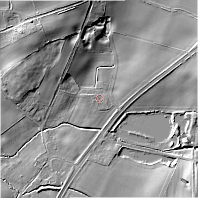 Shaded relief map of the ground around CW124SE, computed from Environment Agency LiDAR. The ground here sits at about 94 m above sea level and falls 18 m across the surrounding 800 m. Surface water reaching this point runs off ground lying to the east-north-east, 4.3 m higher.