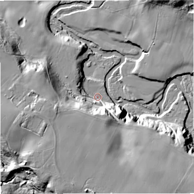Shaded relief map of the ground around CW124SL, computed from Environment Agency LiDAR. The ground here sits at about 58 m above sea level and falls 33 m across the surrounding 800 m. Surface water reaching this point runs off ground lying to the south-south-west, 26.5 m higher.
