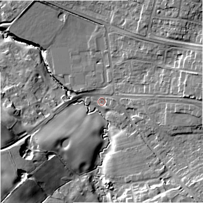 Shaded relief map of the ground around CW124TF, computed from Environment Agency LiDAR. The ground here sits at about 88 m above sea level and falls 22 m across the surrounding 800 m. Surface water reaching this point runs off ground lying to the south-west, 17.5 m higher.
