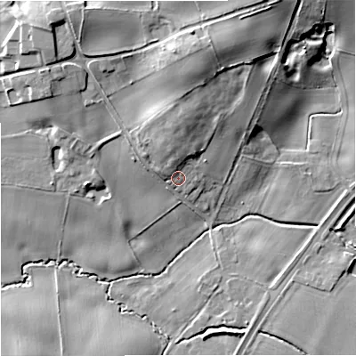 Shaded relief map of the ground around CW124TH, computed from Environment Agency LiDAR. The ground here sits at about 97 m above sea level and falls 19 m across the surrounding 800 m. Surface water reaching this point runs off ground lying to the north, 5.2 m higher.