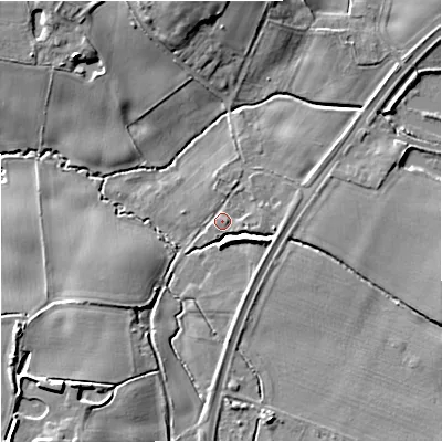Shaded relief map of the ground around CW124TJ, computed from Environment Agency LiDAR. The ground here sits at about 94 m above sea level and falls 13 m across the surrounding 800 m. Surface water reaching this point runs off ground lying to the east-north-east, 2.4 m higher.