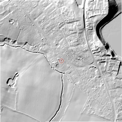 Shaded relief map of the ground around CW124XQ, computed from Environment Agency LiDAR. The ground here sits at about 94 m above sea level and falls 26 m across the surrounding 800 m. Surface water reaching this point runs off ground lying to the west-north-west, 1.7 m higher.