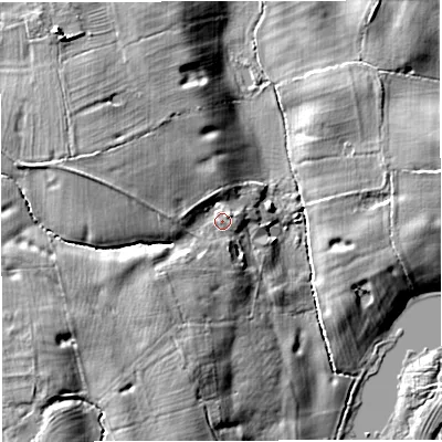 Shaded relief map of the ground around CW14QN, computed from Environment Agency LiDAR. The ground here sits at about 46 m above sea level and falls 15 m across the surrounding 800 m. Surface water reaching this point runs off ground lying to the west-north-west, 6.0 m higher.