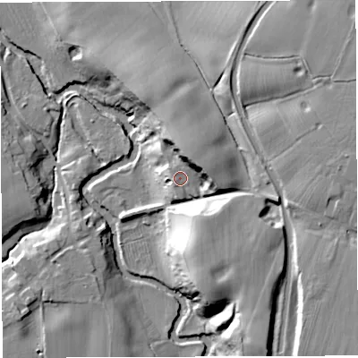Shaded relief map of the ground around CW14RG, computed from Environment Agency LiDAR. The ground here sits at about 37 m above sea level and falls 27 m across the surrounding 800 m. Surface water reaching this point runs off ground lying to the north-east, 2.3 m higher.