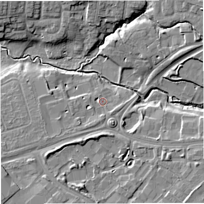 Shaded relief map of the ground around CW15DU, computed from Environment Agency LiDAR. The ground here sits at about 50 m above sea level and falls 11 m across the surrounding 800 m. Surface water reaching this point runs off ground lying to the south-west, 4.5 m higher.