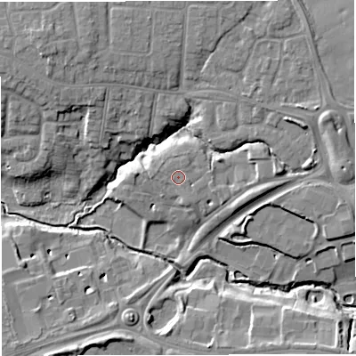 Shaded relief map of the ground around CW15DZ, computed from Environment Agency LiDAR. The ground here sits at about 51 m above sea level and falls 11 m across the surrounding 800 m. Surface water reaching this point runs off ground lying to the east, 1.1 m higher.