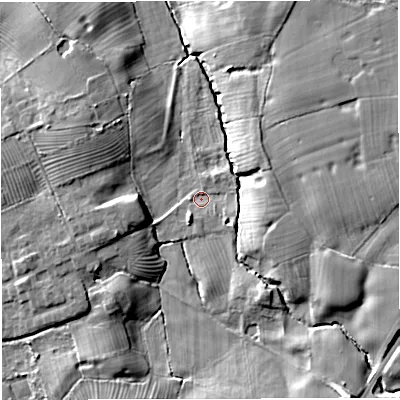 Shaded relief map of the ground around CW15NA, computed from Environment Agency LiDAR. The ground here sits at about 47 m above sea level and falls 13 m across the surrounding 800 m. Surface water reaching this point runs off ground lying to the south-south-west, 2.4 m higher.