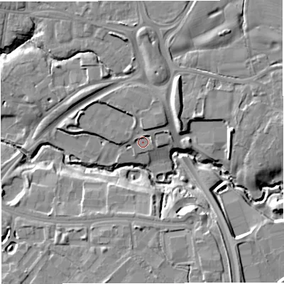 Shaded relief map of the ground around CW15NP, computed from Environment Agency LiDAR. The ground here sits at about 50 m above sea level and falls 11 m across the surrounding 800 m. Surface water reaching this point runs off ground lying to the north-north-east, 3.7 m higher.