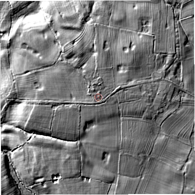 Shaded relief map of the ground around CW15SH, computed from Environment Agency LiDAR. The ground here sits at about 55 m above sea level and falls 13 m across the surrounding 800 m. Surface water reaching this point runs off ground lying to the east-north-east, 0.9 m higher.
