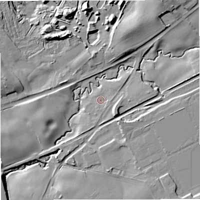 Shaded relief map of the ground around CW15UJ, computed from Environment Agency LiDAR. The ground here sits at about 79 m above sea level and falls 18 m across the surrounding 800 m. Surface water reaching this point runs off ground lying to the north-east, 2.7 m higher.