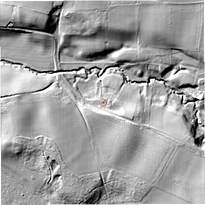 Shaded relief map of the ground around CW15UP, computed from Environment Agency LiDAR. The ground here sits at about 57 m above sea level and falls 23 m across the surrounding 800 m. Surface water reaching this point runs off ground lying to the south-east, 10.3 m higher.