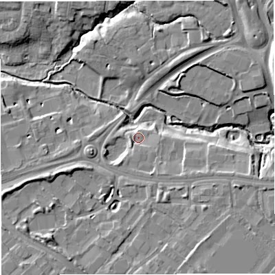 Shaded relief map of the ground around CW16BD, computed from Environment Agency LiDAR. The ground here sits at about 50 m above sea level and falls 12 m across the surrounding 800 m. Surface water reaching this point runs off ground lying to the south-south-east, 2.9 m higher.