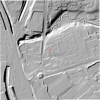 Shaded relief map of the ground around CW16DR, computed from Environment Agency LiDAR. The ground here sits at about 50 m above sea level and falls 16 m across the surrounding 800 m. Surface water reaching this point runs off ground lying to the south-west, 7.2 m higher.