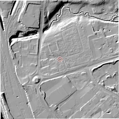 Shaded relief map of the ground around CW16DX, computed from Environment Agency LiDAR. The ground here sits at about 50 m above sea level and falls 15 m across the surrounding 800 m. Surface water reaching this point runs off ground lying to the south-south-west, 6.2 m higher.