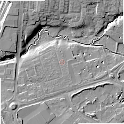 Shaded relief map of the ground around CW16DY, computed from Environment Agency LiDAR. The ground here sits at about 51 m above sea level and falls 12 m across the surrounding 800 m. Surface water reaching this point runs off ground lying to the south-south-east, 1.2 m higher.