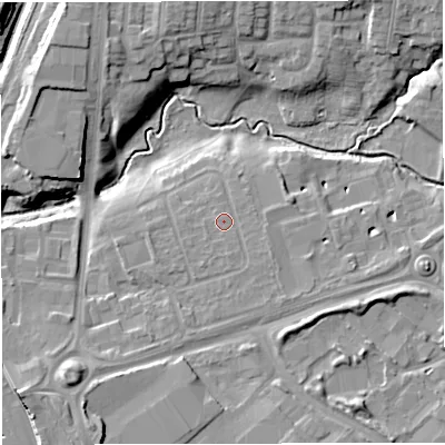 Shaded relief map of the ground around CW16DZ, computed from Environment Agency LiDAR. The ground here sits at about 51 m above sea level and falls 13 m across the surrounding 800 m. Surface water reaching this point runs off ground lying to the south-east, 1.2 m higher.