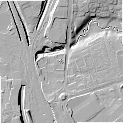 Shaded relief map of the ground around CW16EA, computed from Environment Agency LiDAR. The ground here sits at about 50 m above sea level and falls 16 m across the surrounding 800 m. Surface water reaching this point runs off ground lying to the south-west, 2.0 m higher.