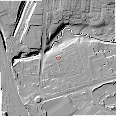Shaded relief map of the ground around CW16EB, computed from Environment Agency LiDAR. The ground here sits at about 51 m above sea level and falls 15 m across the surrounding 800 m. Surface water reaching this point runs off ground lying to the south, 1.3 m higher.