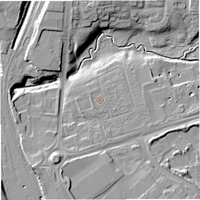 Shaded relief map of the ground around CW16ED, computed from Environment Agency LiDAR. The ground here sits at about 51 m above sea level and falls 15 m across the surrounding 800 m. Surface water reaching this point runs off ground lying to the west, 0.6 m higher.