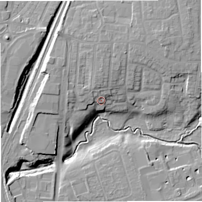 Shaded relief map of the ground around CW16EF, computed from Environment Agency LiDAR. The ground here sits at about 52 m above sea level and falls 15 m across the surrounding 800 m. Surface water reaching this point runs off ground lying to the north-north-west, 3.6 m higher.
