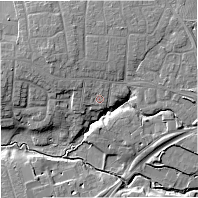 Shaded relief map of the ground around CW16ES, computed from Environment Agency LiDAR. The ground here sits at about 52 m above sea level and falls 11 m across the surrounding 800 m. Surface water reaching this point runs off ground lying to the north-west, 2.0 m higher.