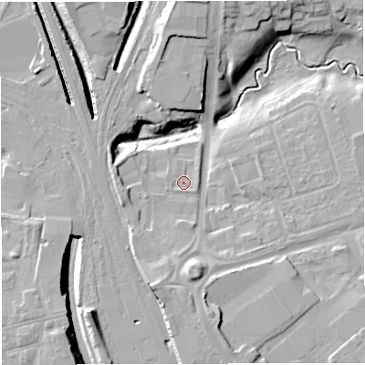 Shaded relief map of the ground around CW16FW, computed from Environment Agency LiDAR. The ground here sits at about 50 m above sea level and falls 16 m across the surrounding 800 m. Surface water reaching this point runs off ground lying to the south-south-west, 6.0 m higher.
