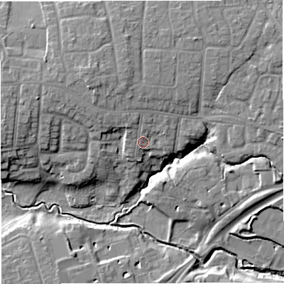 Shaded relief map of the ground around CW16HF, computed from Environment Agency LiDAR. The ground here sits at about 52 m above sea level and falls 11 m across the surrounding 800 m. Surface water reaching this point runs off ground lying to the north-west, 2.3 m higher.
