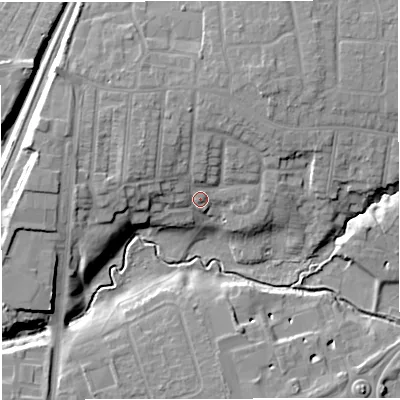 Shaded relief map of the ground around CW16HH, computed from Environment Agency LiDAR. The ground here sits at about 51 m above sea level and falls 13 m across the surrounding 800 m. Surface water reaching this point runs off ground lying to the north, 5.4 m higher.